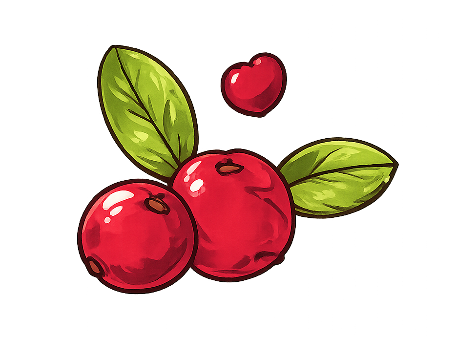 Illustrated Cape Cod cranberries with green leaves representing locally sourced ingredients.